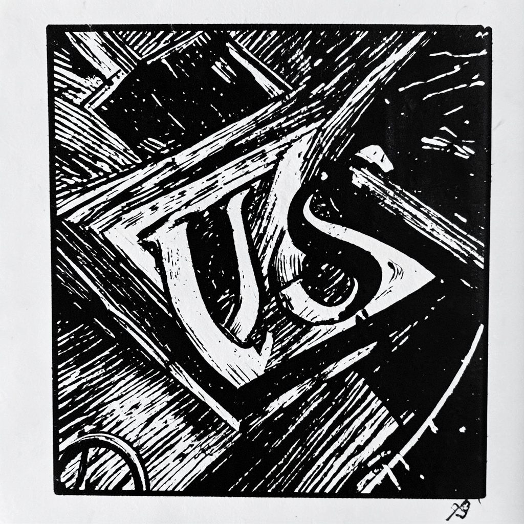 Carved linocut relief print in deep reds and blacks, showing a quill poised above a scroll, evoking a writer at work.