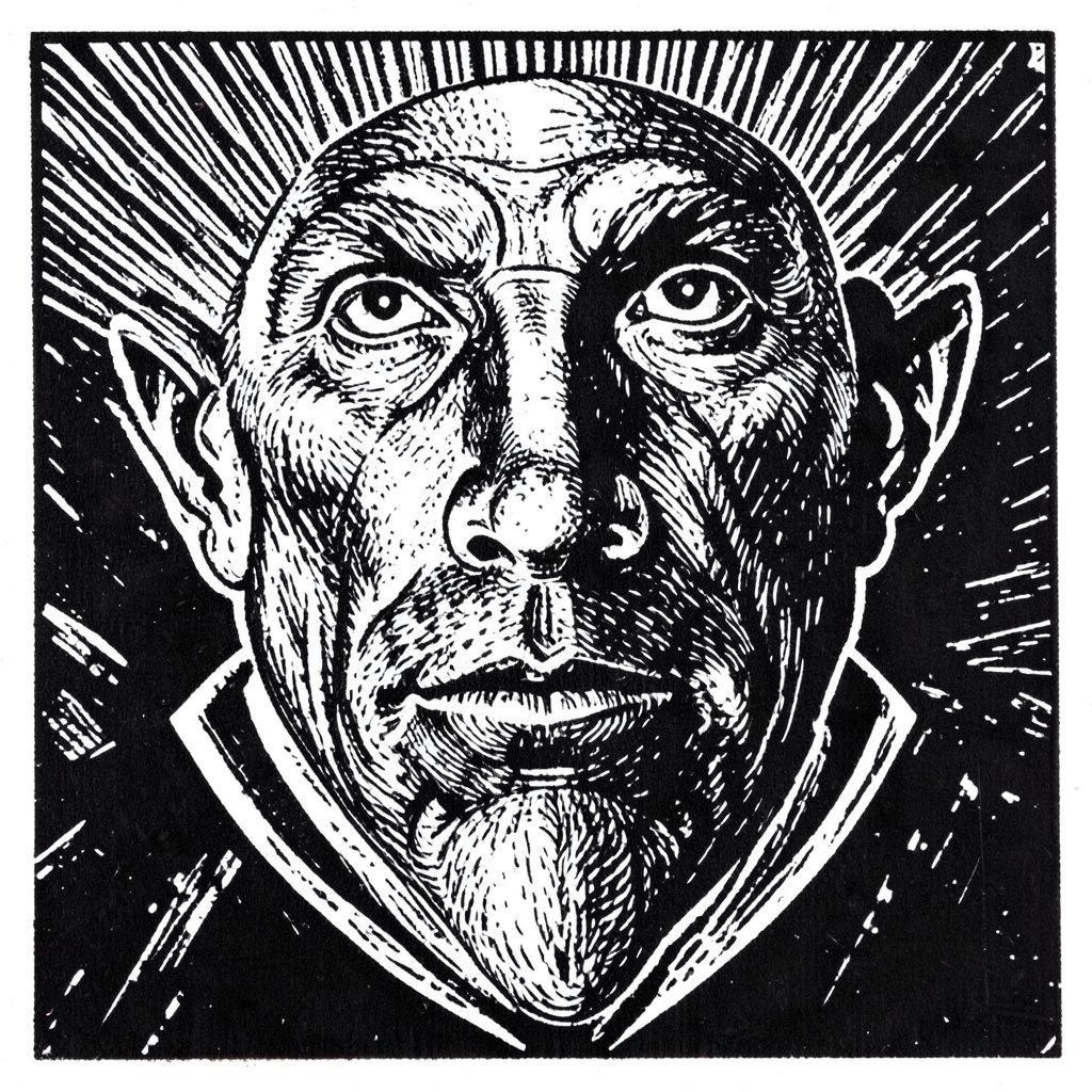 Carved linocut relief print of a dark gothic crest surrounded by deep crimson and shadowy black tones, evoking a grim medieval mood.
