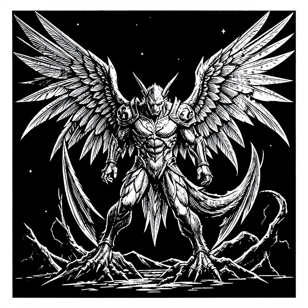 Linocut print of a winged figure in sepia on black, atmospheric.