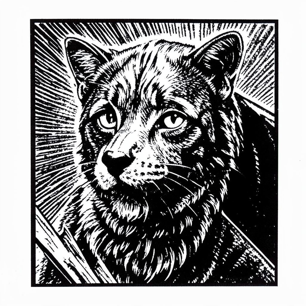 Linocut print of an open tome with quill in amber and crimson on black, atmospheric.