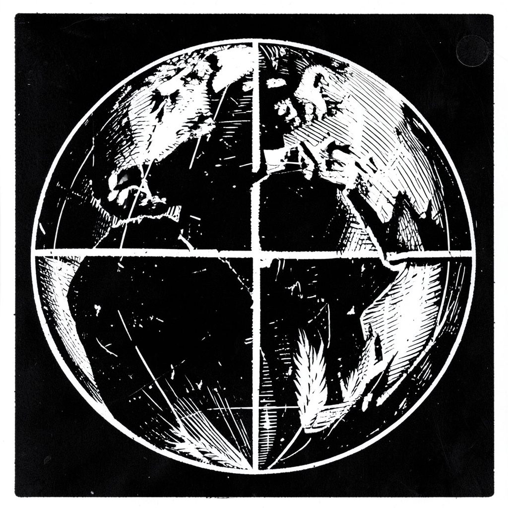 Carved linocut relief print of a weathered globe viewed from the right, inked in faded sepia and ash gray tones, evoking a haunted, ancient mood.