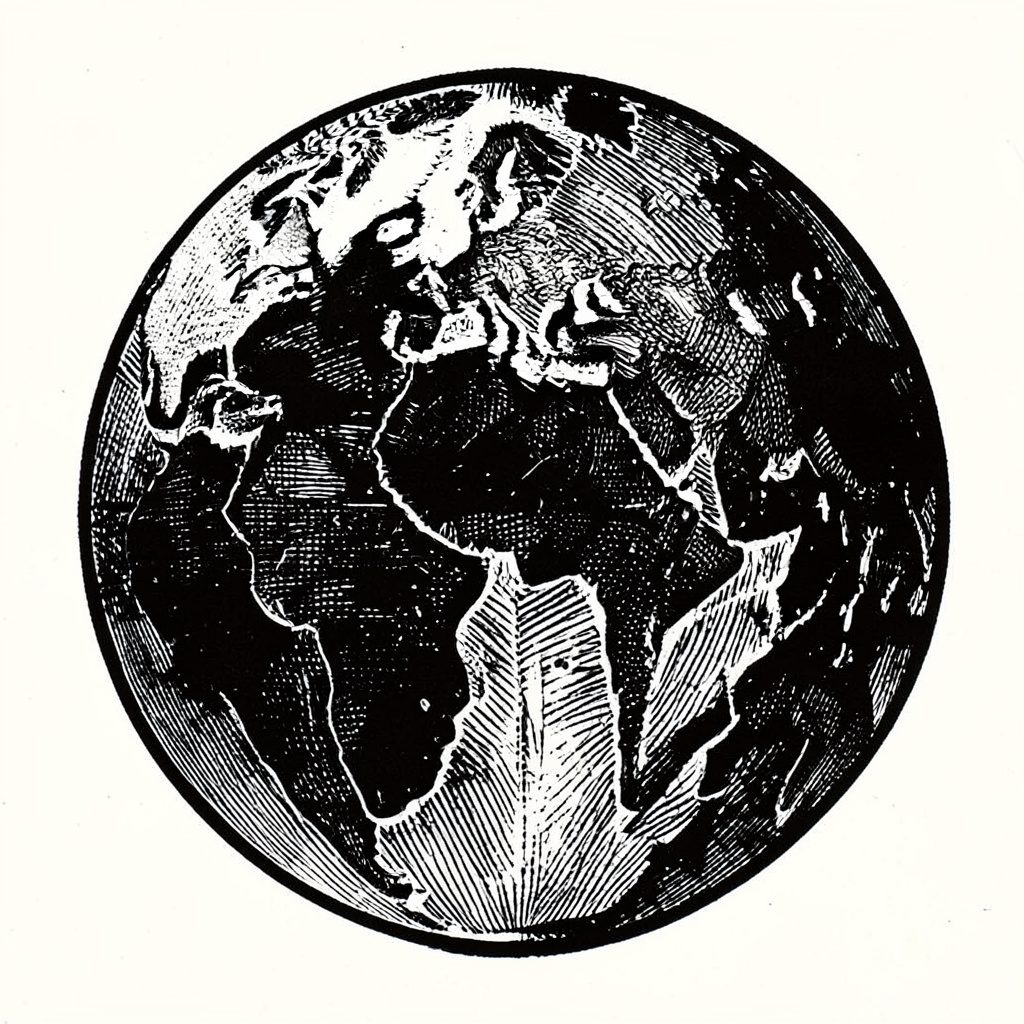 Carved linocut relief print of a weathered globe viewed from the left, inked in faded sepia and ash gray tones, evoking a haunted, ancient mood.
