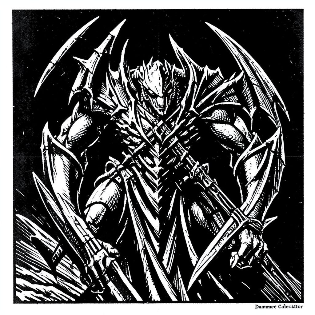 A carved linocut relief print of a glowing sword and shield surrounded by radiating damage numbers, rendered in deep red and black ink with a bold, dramatic mood