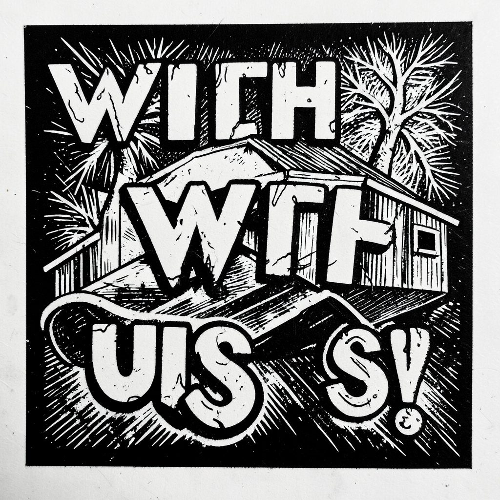 Carved linocut relief print of two stylized adventurers standing side by side against a dark backdrop, bold black lines and warm amber shading giving a determined, cooperative mood